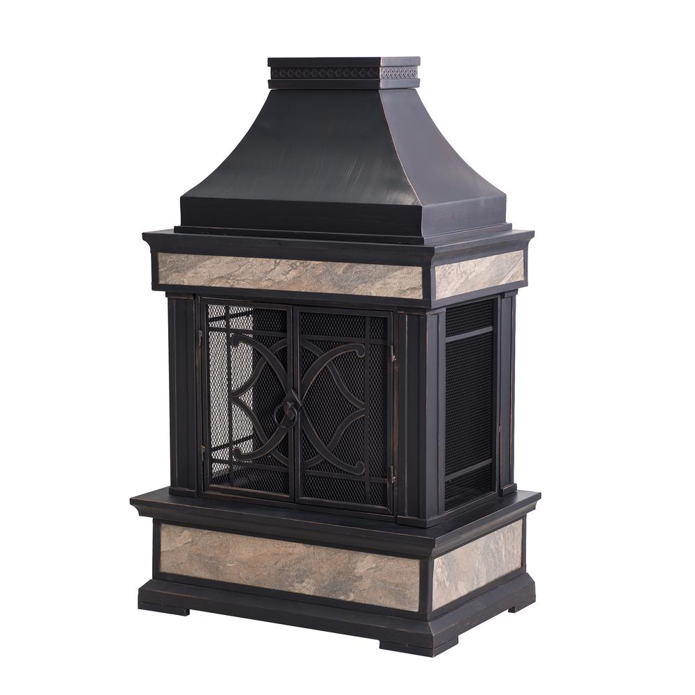 Smith Collection Outdoor Patio Wood Burning Steel Fireplace with Chimney